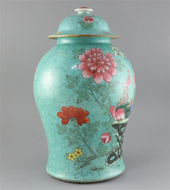 A large Chinese turquoise ground phoenix vase and cover, 18th/19th century, H. 44.5cm, base restored